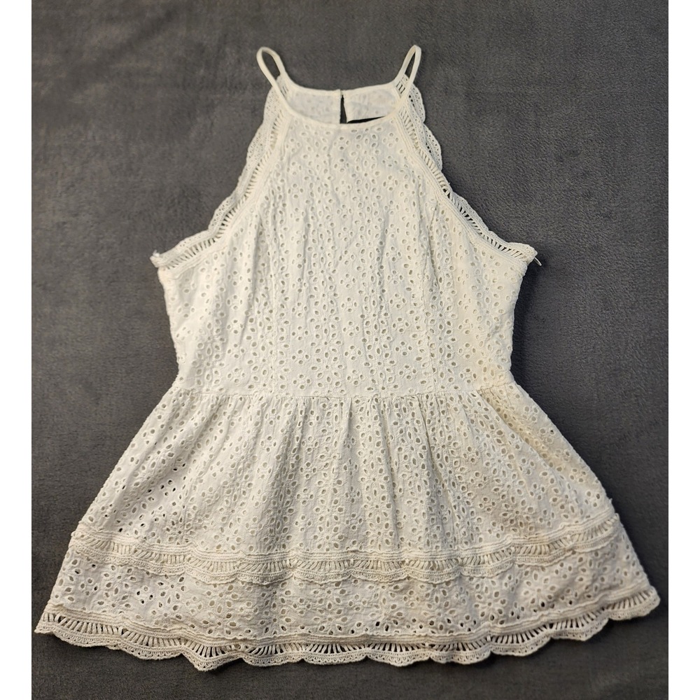 Lulus White Eyelet Halter Tank Top Crochet Trim Peplum Blouse XS Nautical Preppy